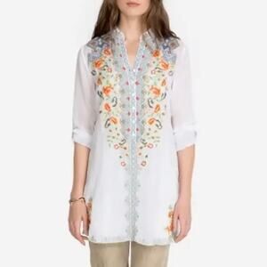 Johnny Was Women’s XS Harlow White Embroidered Sheer Tunic Blouse Top designer